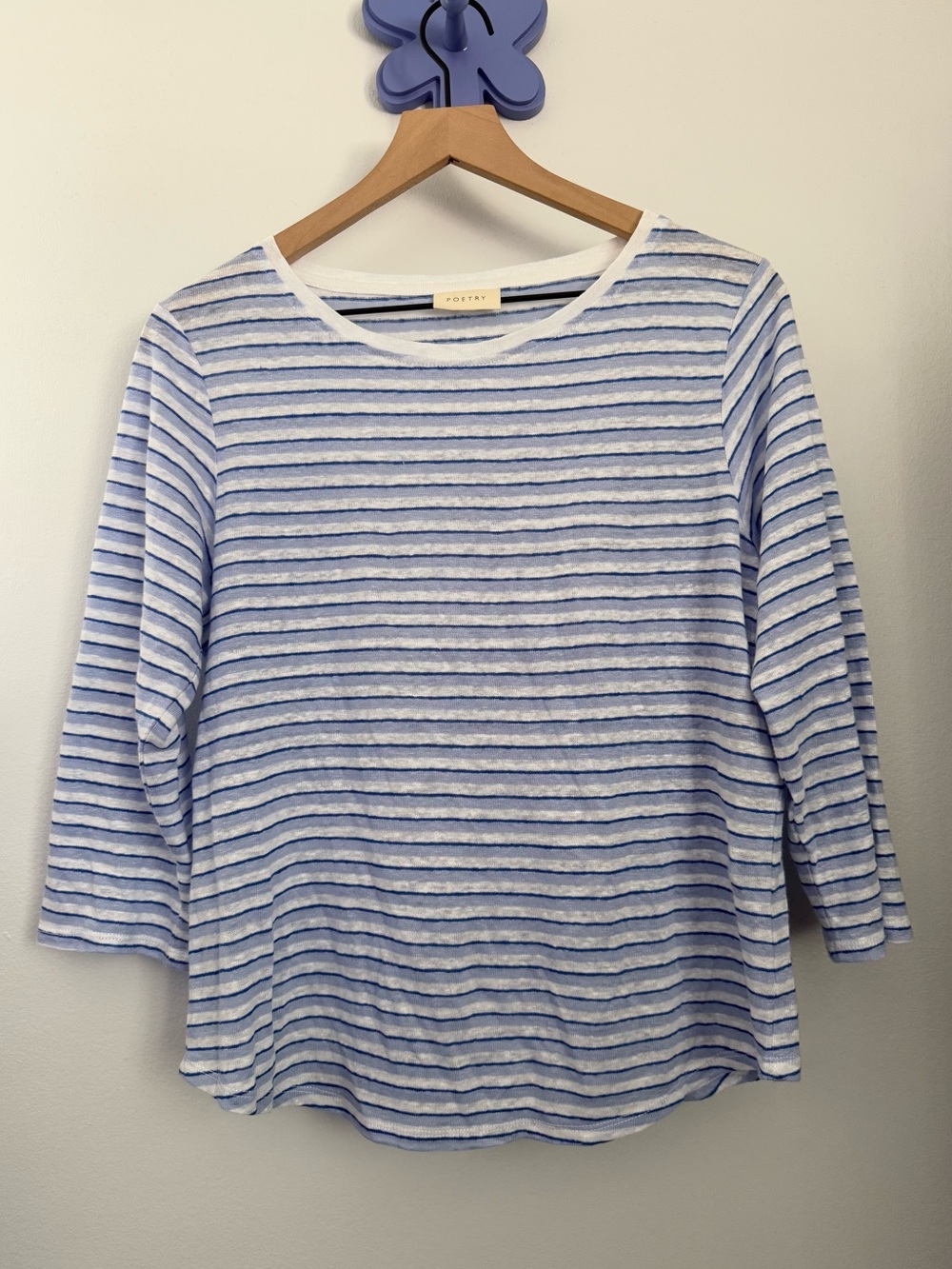 Poetry US 6 3/4 Sleeve Tee Linen Stripe Blue White Relaxed Coastal Nautical